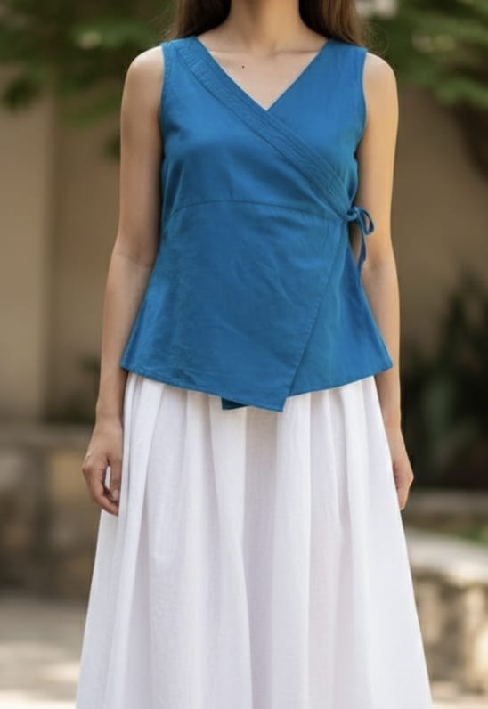 Sleeveless Angrakha Styled Top in Cotton -Blue, Purple and Green