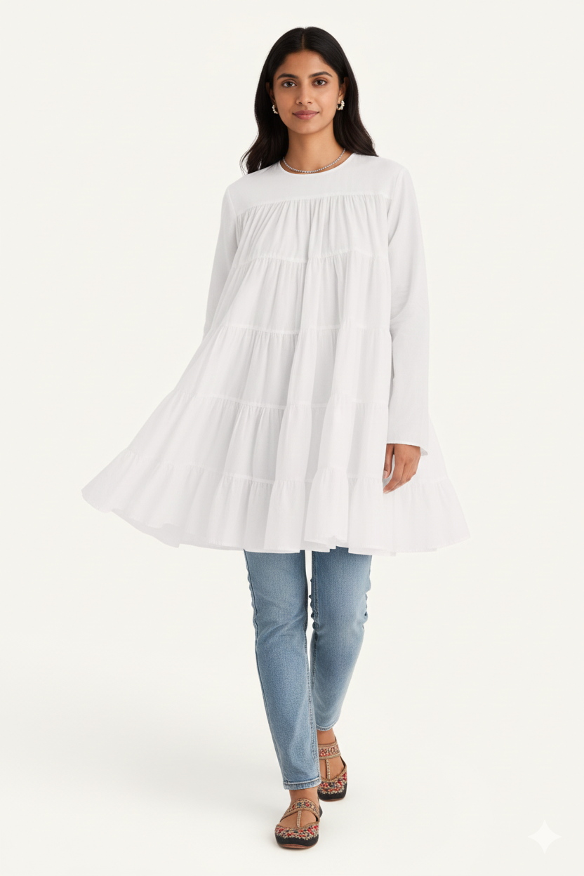 Layered Women's Dress in White & Pink