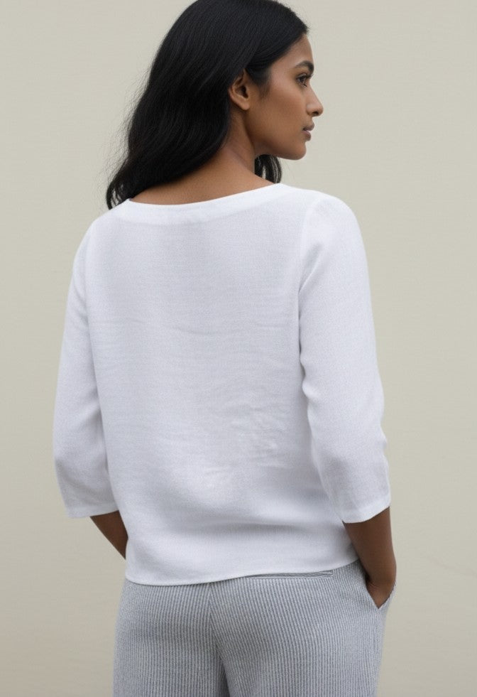 Pure Linen Boat Neck 3/4th Sleeve Top