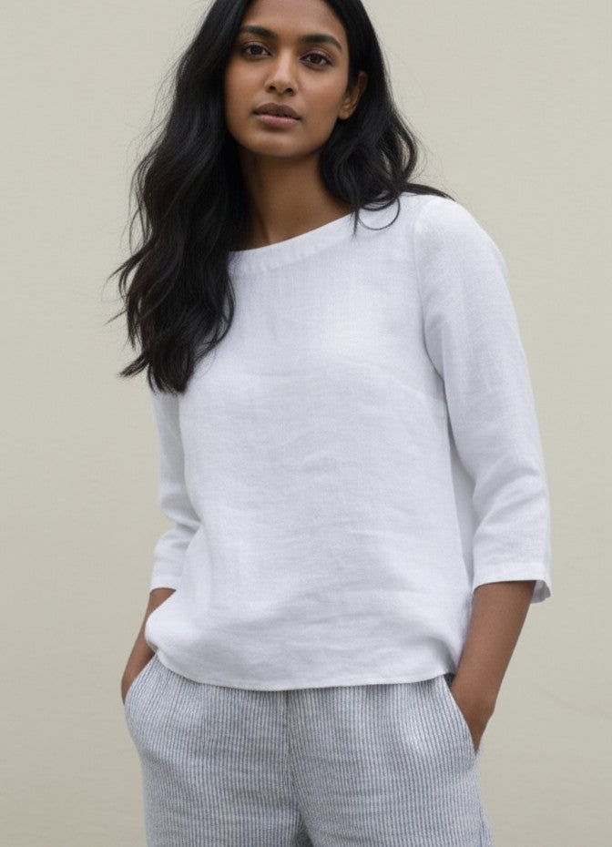 Pure Linen Boat Neck 3/4th Sleeve Top