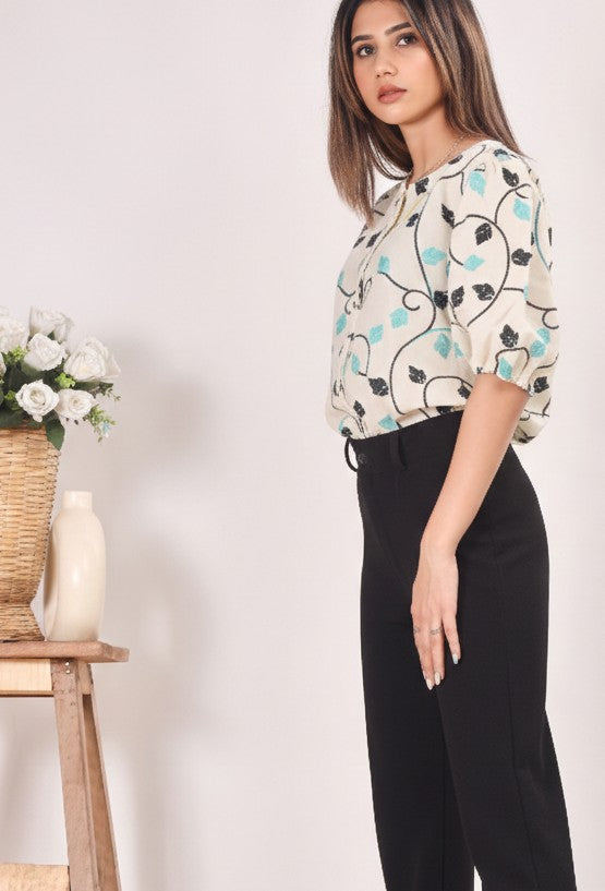 Embroidered Women's Puffed Sleeve Top