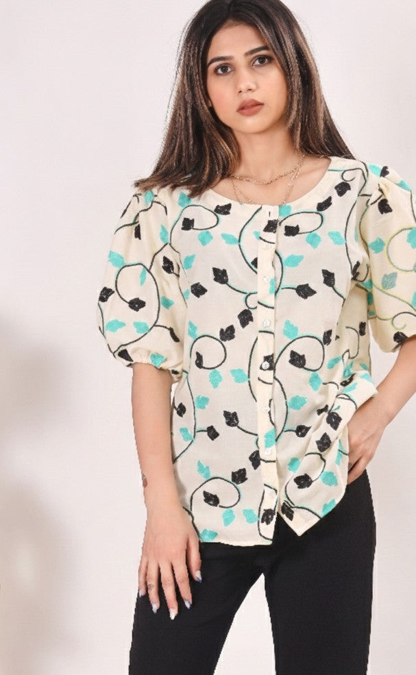 Embroidered Women's Puffed Sleeve Top