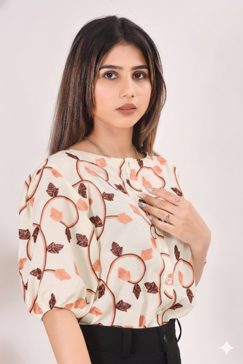 Embroidered Women's Puffed Sleeve Top