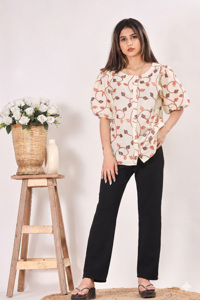 Embroidered Women's Puffed Sleeve Top