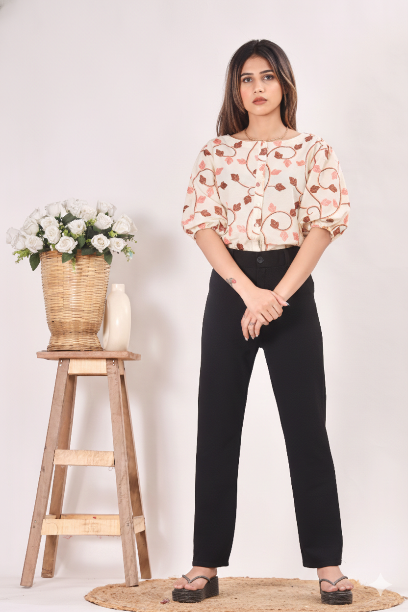 Embroidered Women's Puffed Sleeve Top