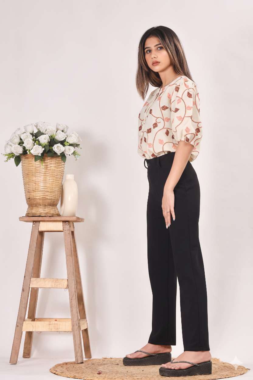 Embroidered Women's Puffed Sleeve Top