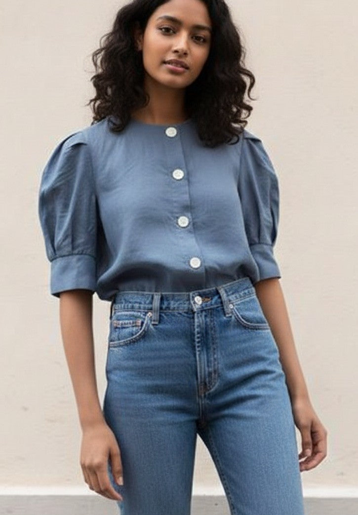 Round Neck Shirt with Pleated Sleeve -Cotton