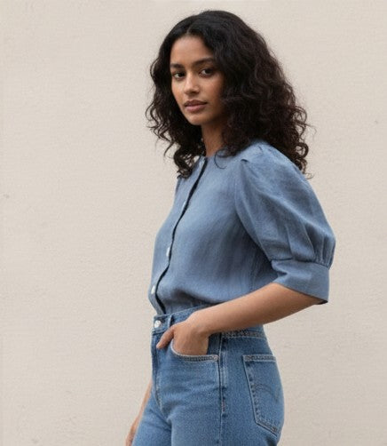 Round Neck Shirt with Pleated Sleeve -Cotton