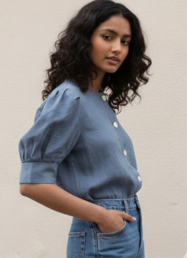 Round Neck Shirt with Pleated Sleeve -Cotton