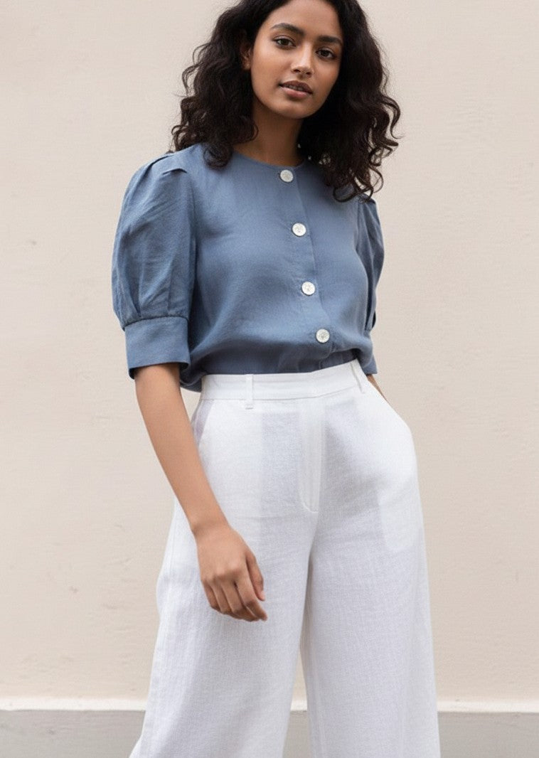 Round Neck Shirt with Pleated Sleeve -Cotton