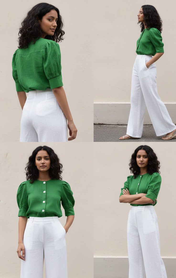 Round Neck Shirt with Pleated Sleeve -Cotton