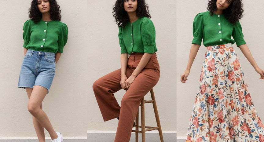 Round Neck Shirt with Pleated Sleeve -Cotton