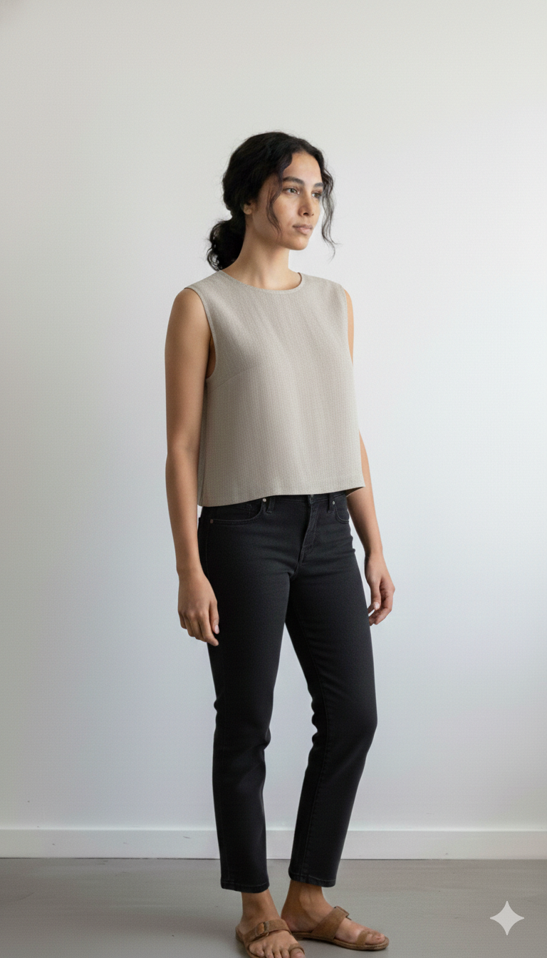 Pure Linen Rounk Neck Top in Natural Shade