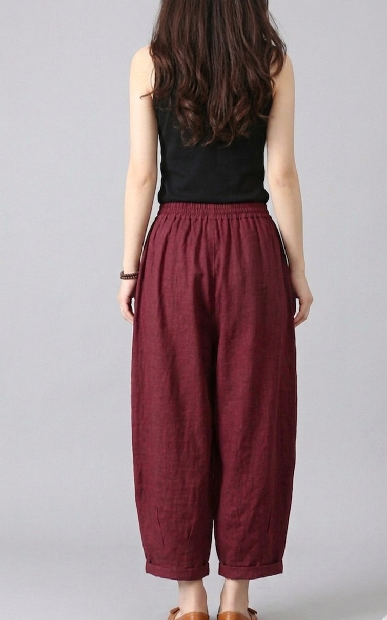 Women’s High-Waist Cotton Harem Pants –with Elastic Drawstring Waist