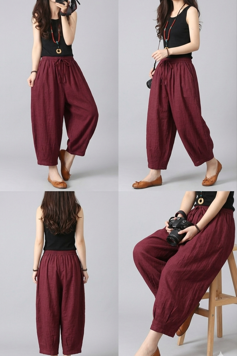 Women’s High-Waist Cotton Harem Pants –with Elastic Drawstring Waist