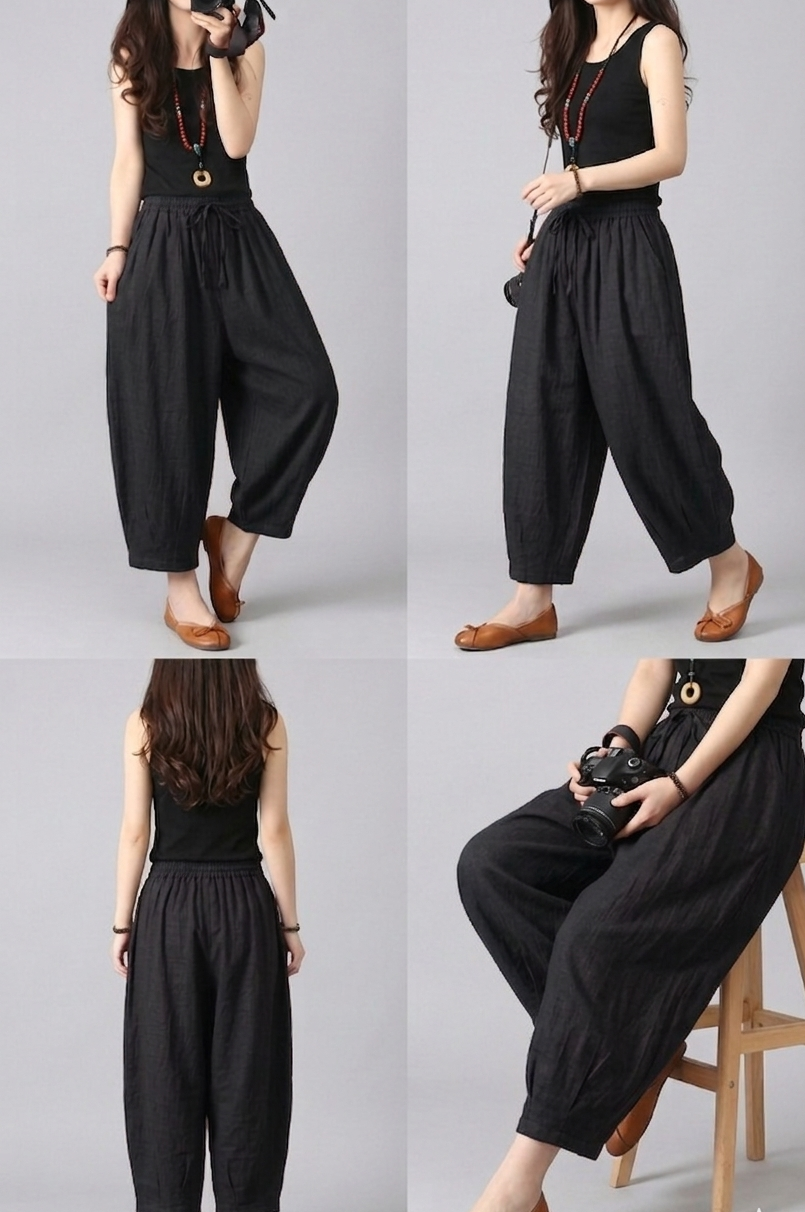 Women’s High-Waist Cotton Harem Pants –with Elastic Drawstring Waist