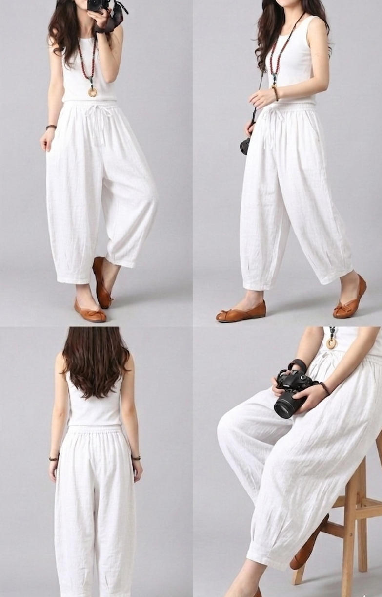 Women’s High-Waist Cotton Harem Pants –with Elastic Drawstring Waist