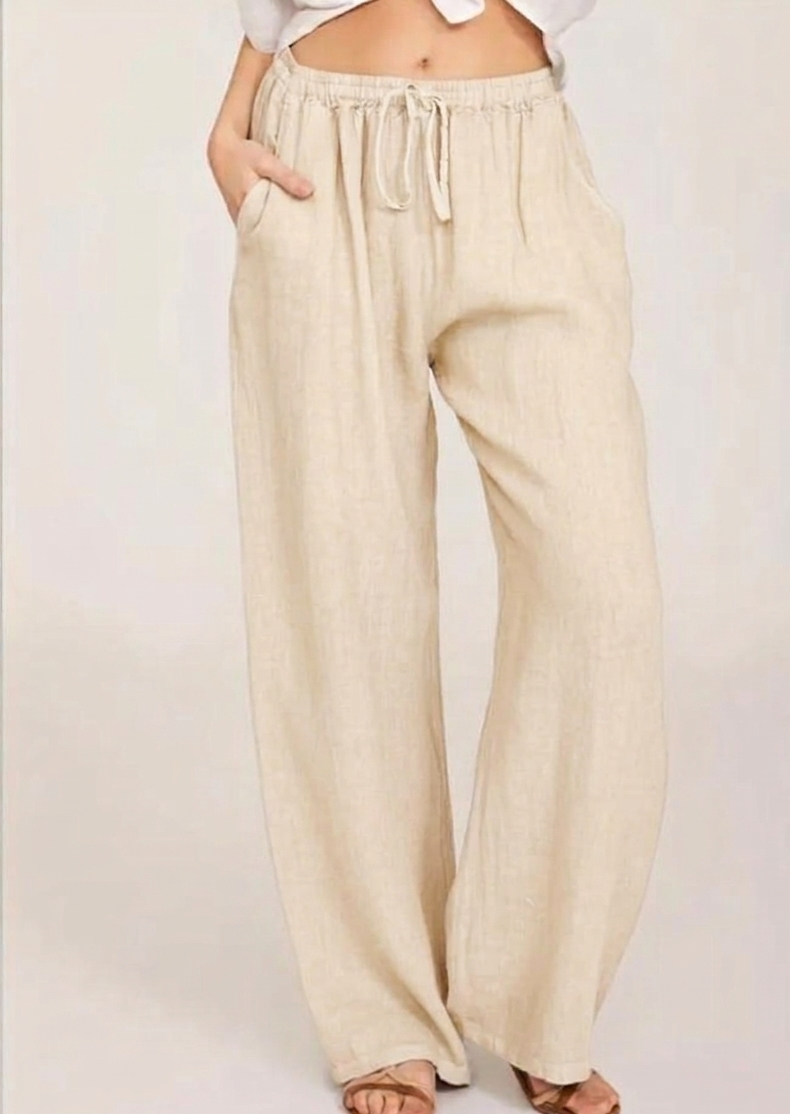 Women's Beige Cotton New  Wide-Leg Trousers with Elasticated Drawstring Waist