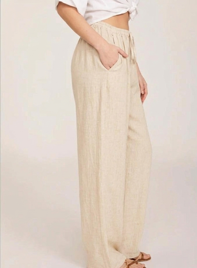Women's Beige Cotton New  Wide-Leg Trousers with Elasticated Drawstring Waist