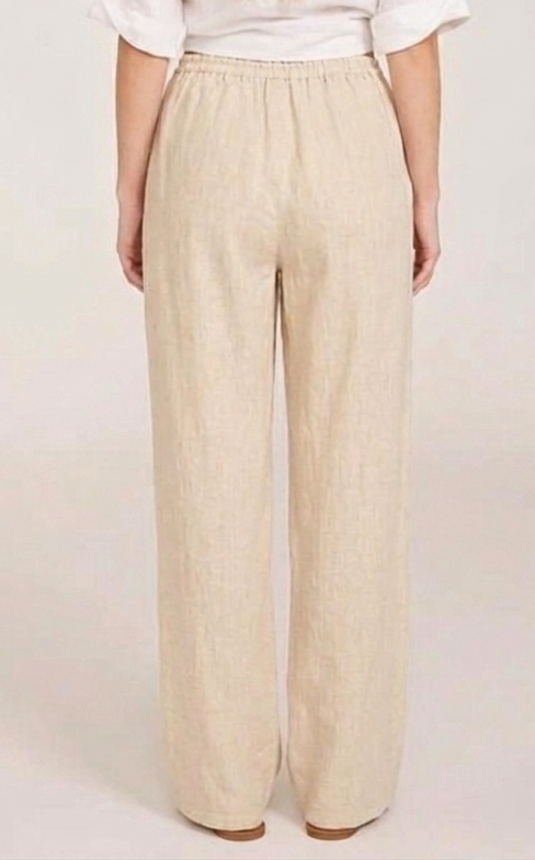 Women's Beige Cotton New  Wide-Leg Trousers with Elasticated Drawstring Waist