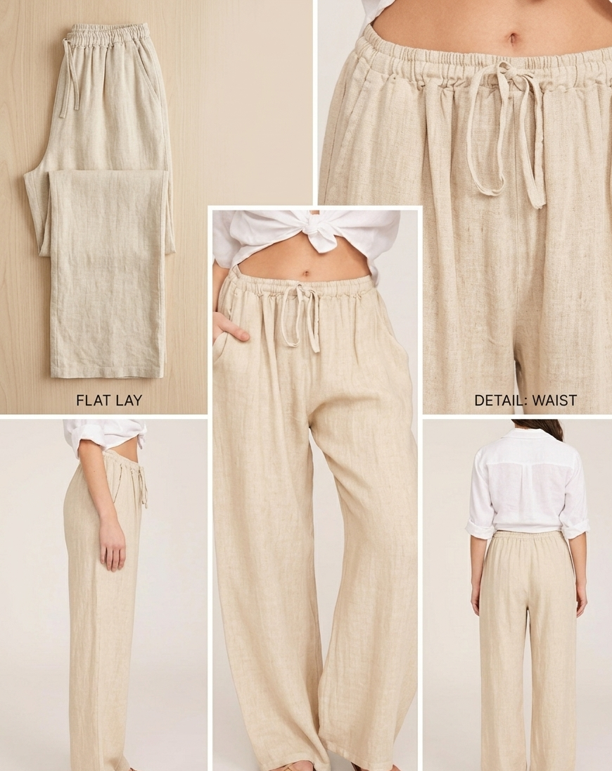 Women's Beige Cotton New  Wide-Leg Trousers with Elasticated Drawstring Waist