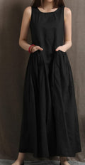 Women’s Sleeveless Black A-Line Maxi Dress with Pockets