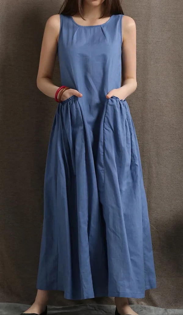 Women’s Sleeveless Blue A-Line Maxi Dress with Pockets