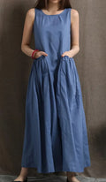 Women’s Sleeveless Blue A-Line Maxi Dress with Pockets