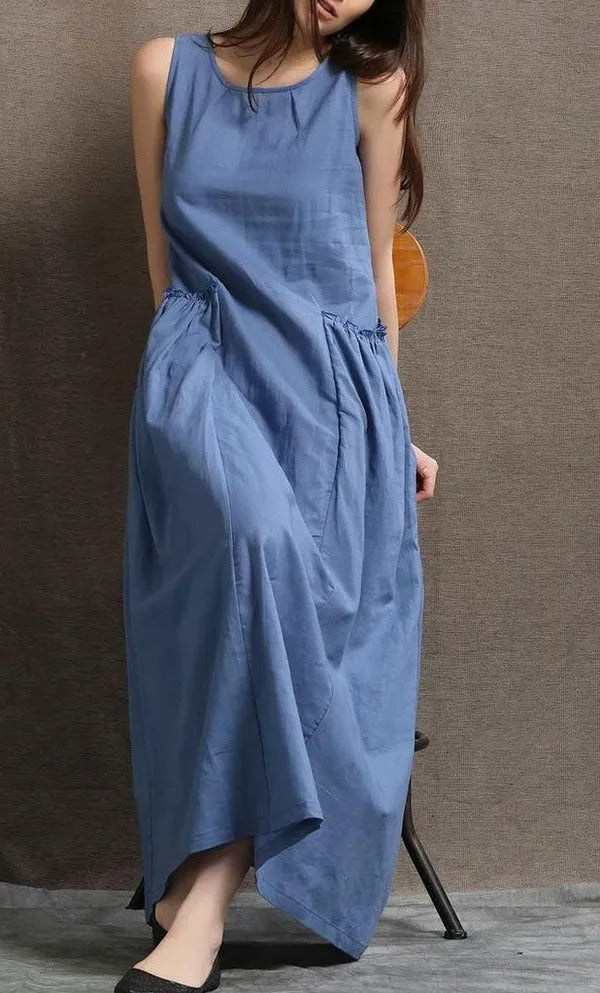 Women’s Sleeveless Blue A-Line Maxi Dress with Pockets