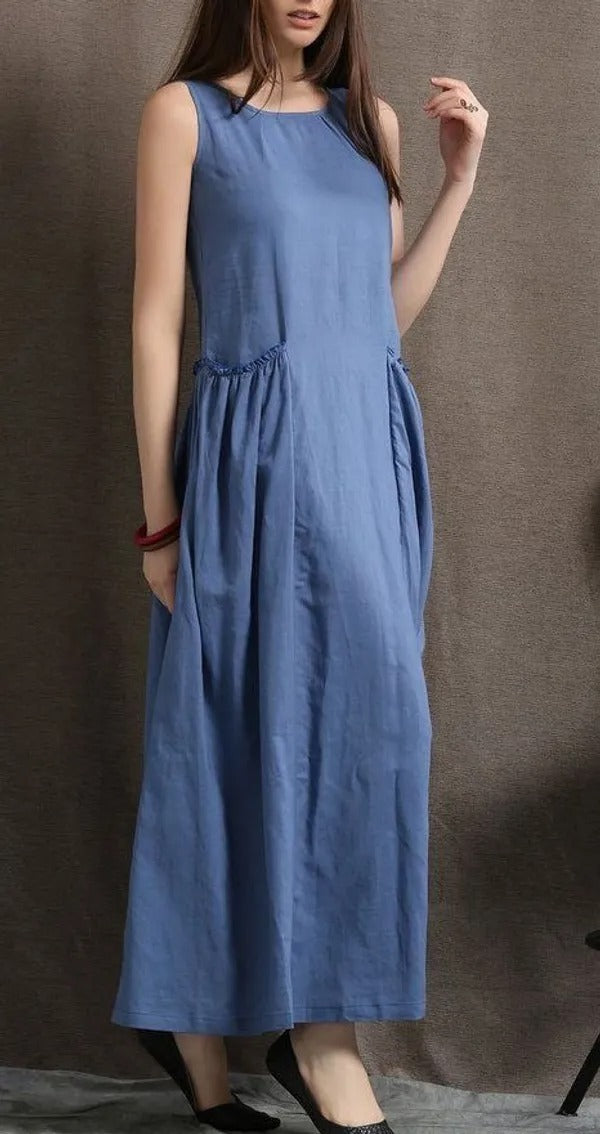 Women’s Sleeveless Blue A-Line Maxi Dress with Pockets