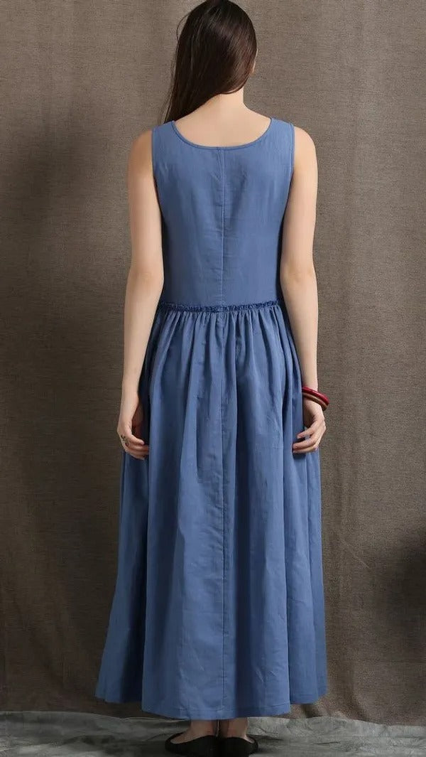 Women’s Sleeveless Blue A-Line Maxi Dress with Pockets
