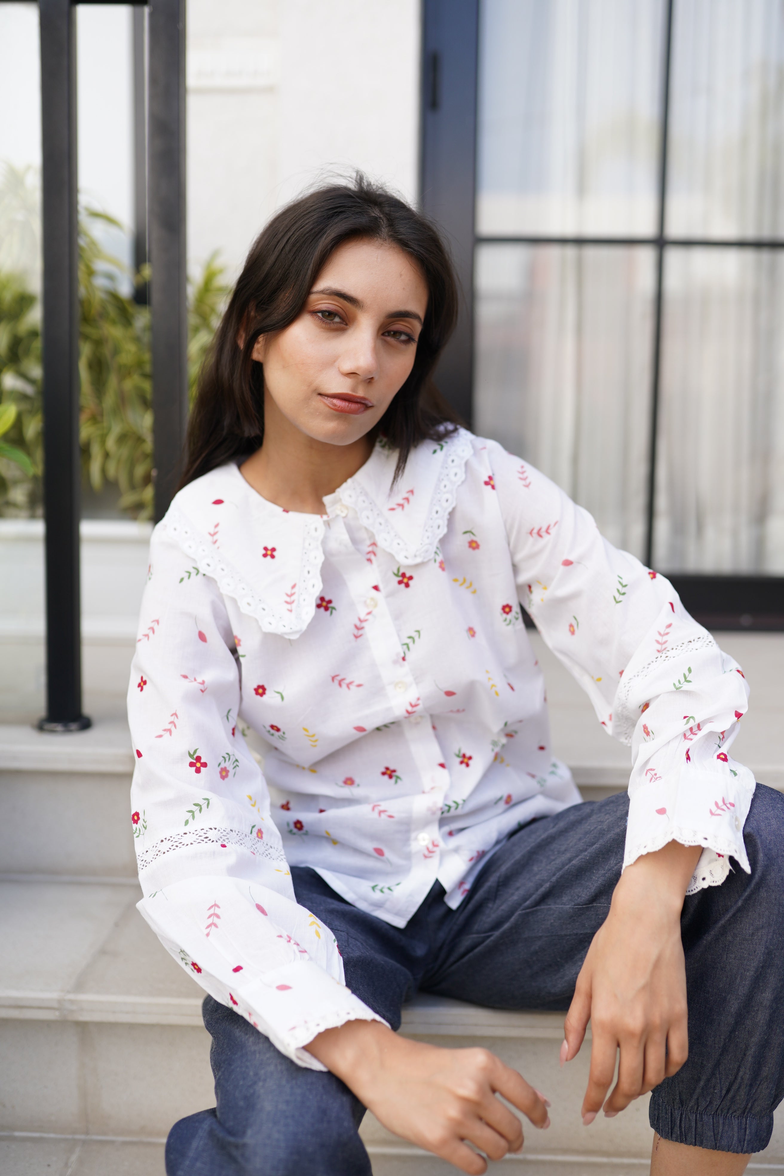 Floral Printed Baby Collar Shirt with Lace detailing at Collar and Sleeve