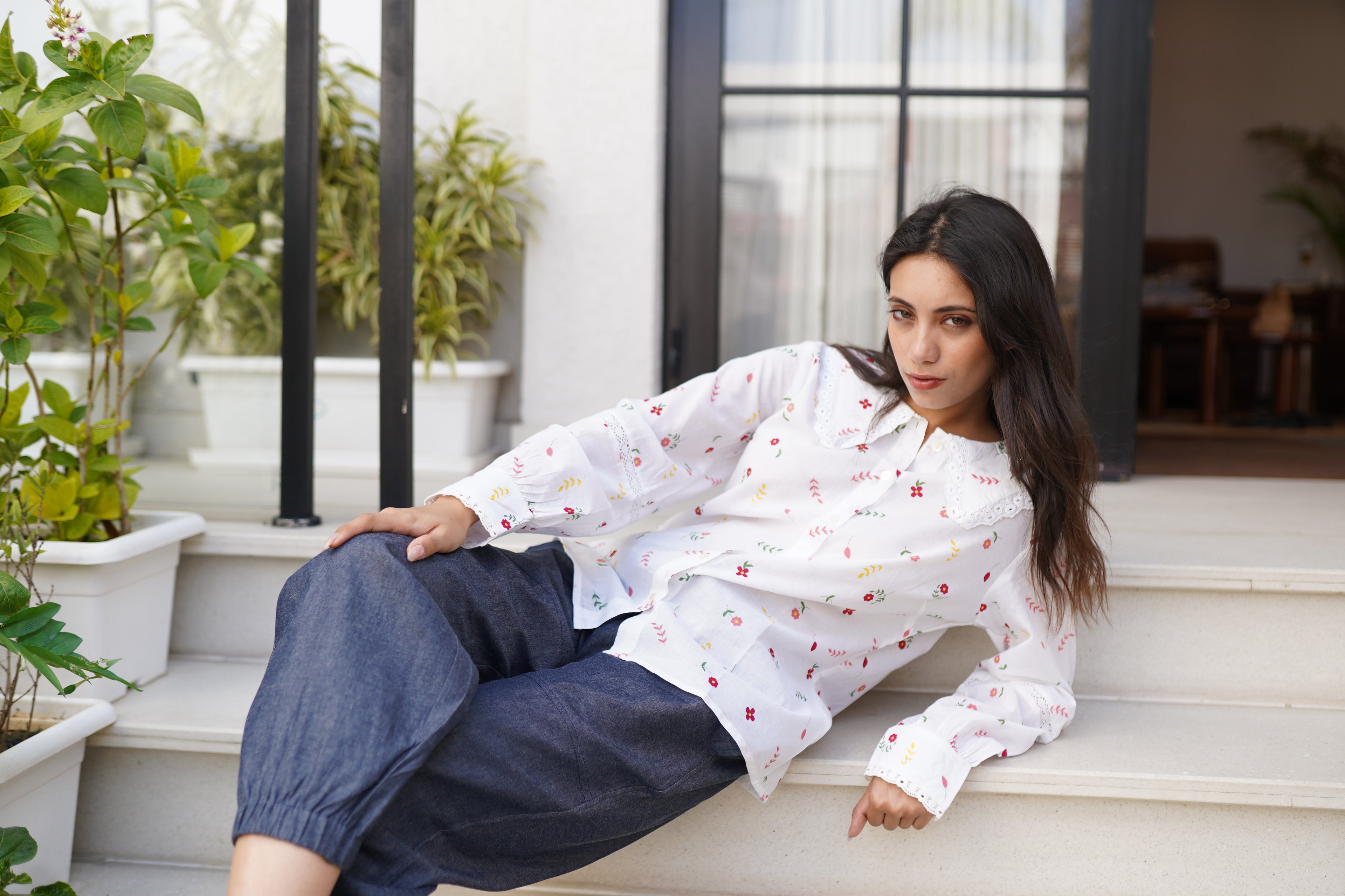 Floral Printed Baby Collar Shirt with Lace detailing at Collar and Sleeve