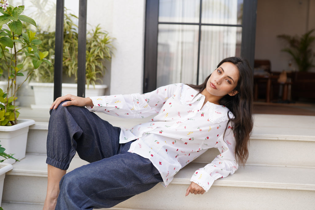 Floral Printed Baby Collar Shirt with Lace detailing at Collar and Sleeve