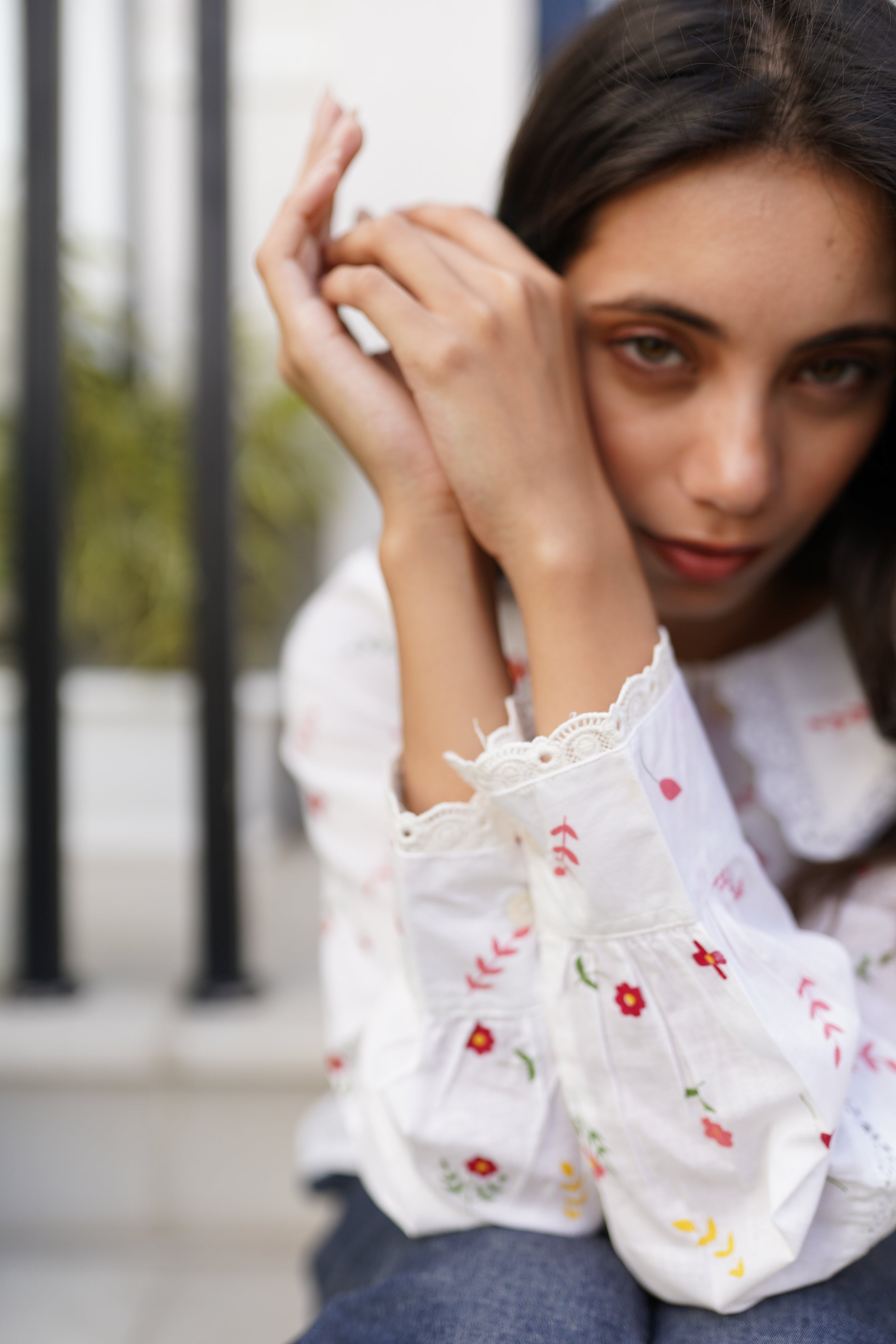 Floral Printed Baby Collar Shirt with Lace detailing at Collar and Sleeve