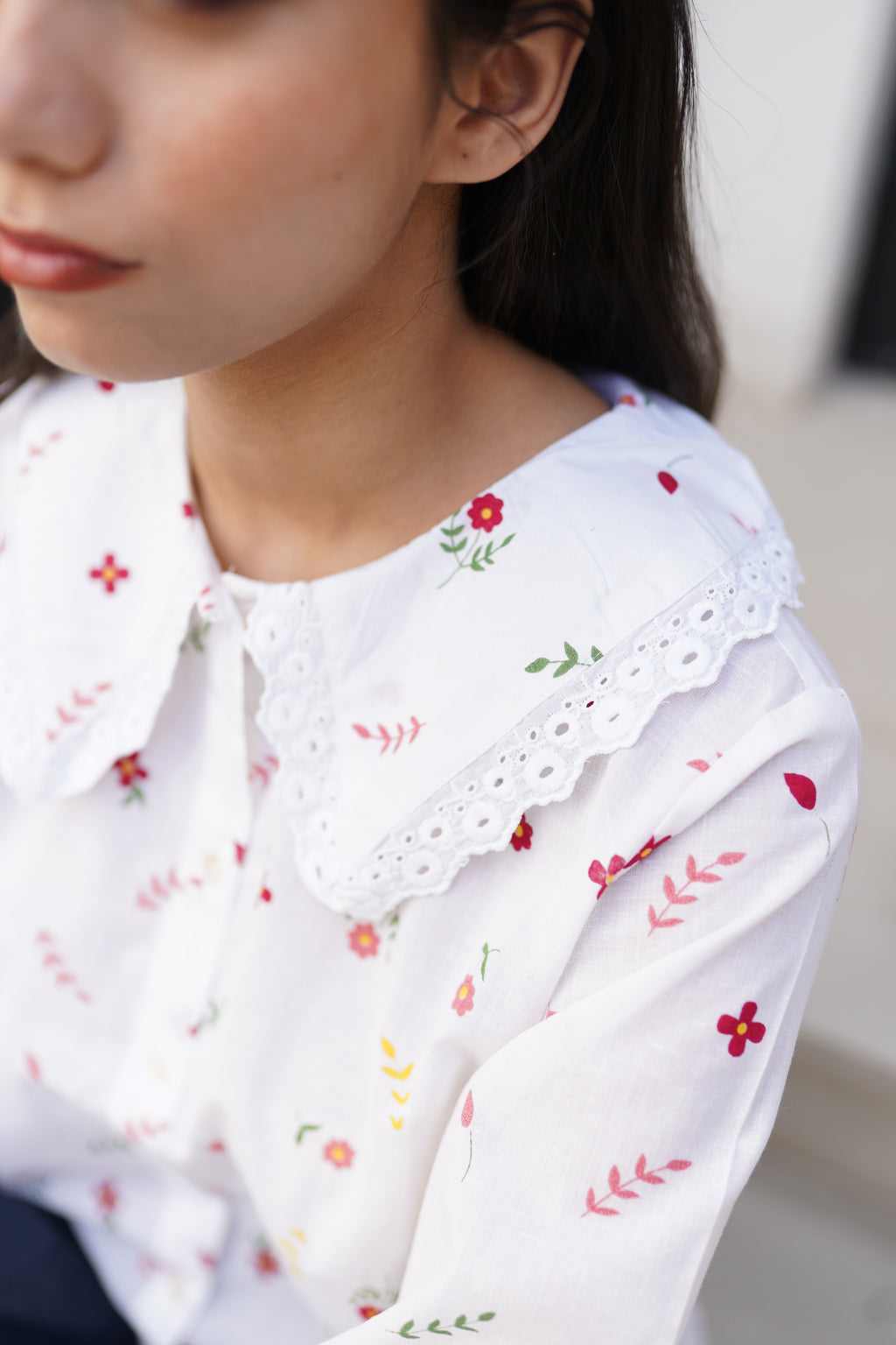 Floral Printed Baby Collar Shirt with Lace detailing at Collar and Sleeve