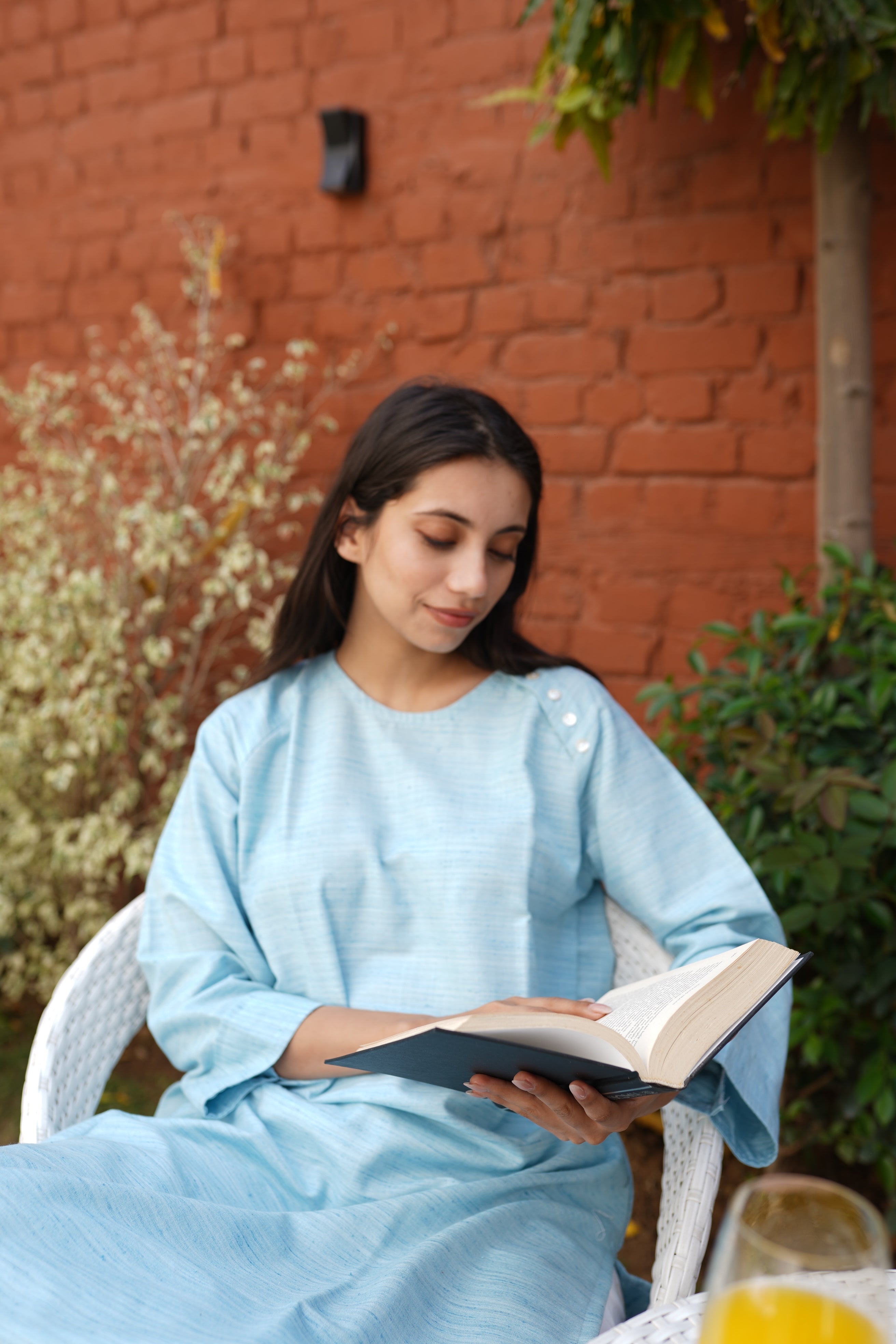 Women's Sky Blue Textured Cotton Blend Long Kurta with Functional Side Pockets