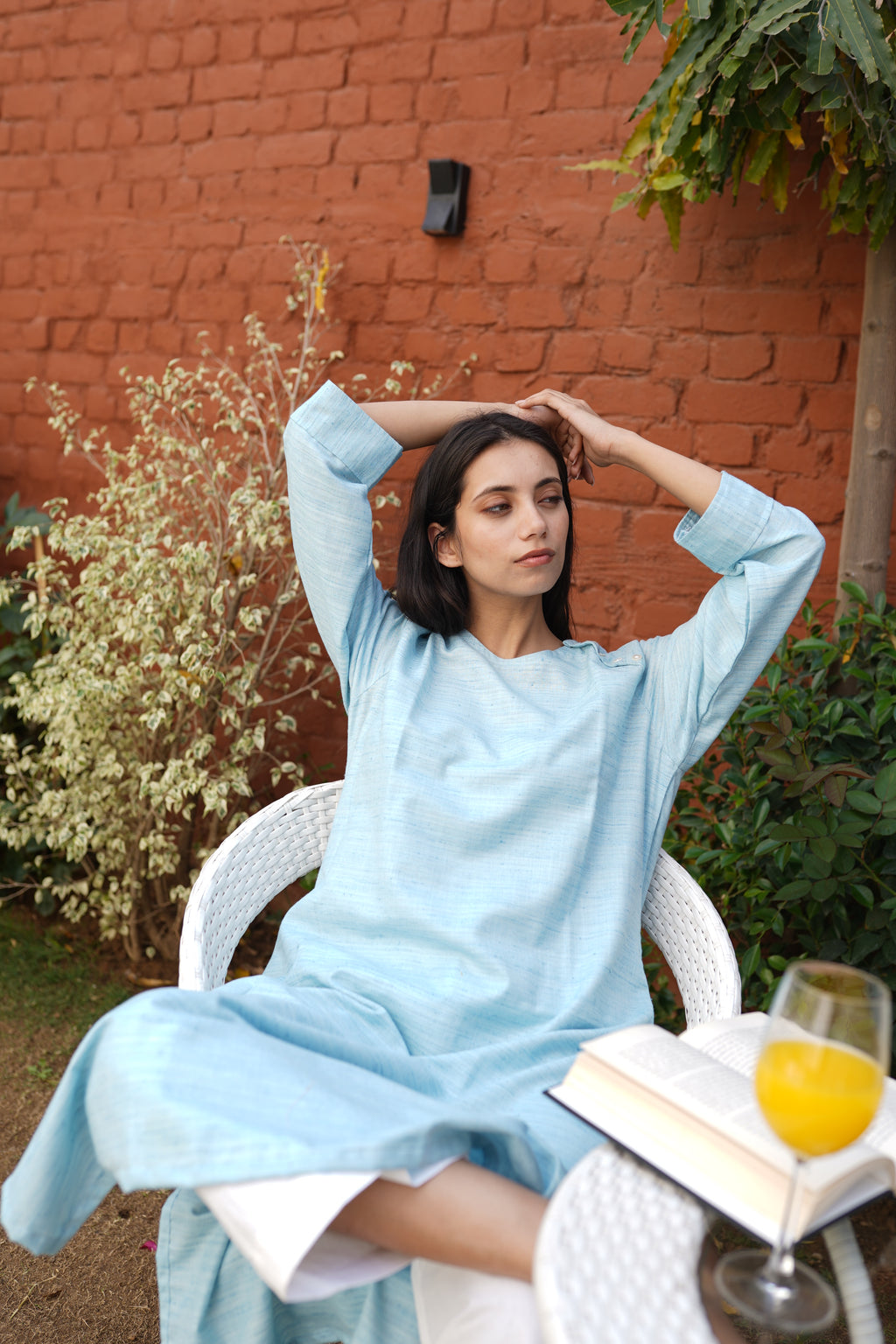Women's Sky Blue Textured Cotton Blend Long Kurta with Functional Side Pockets