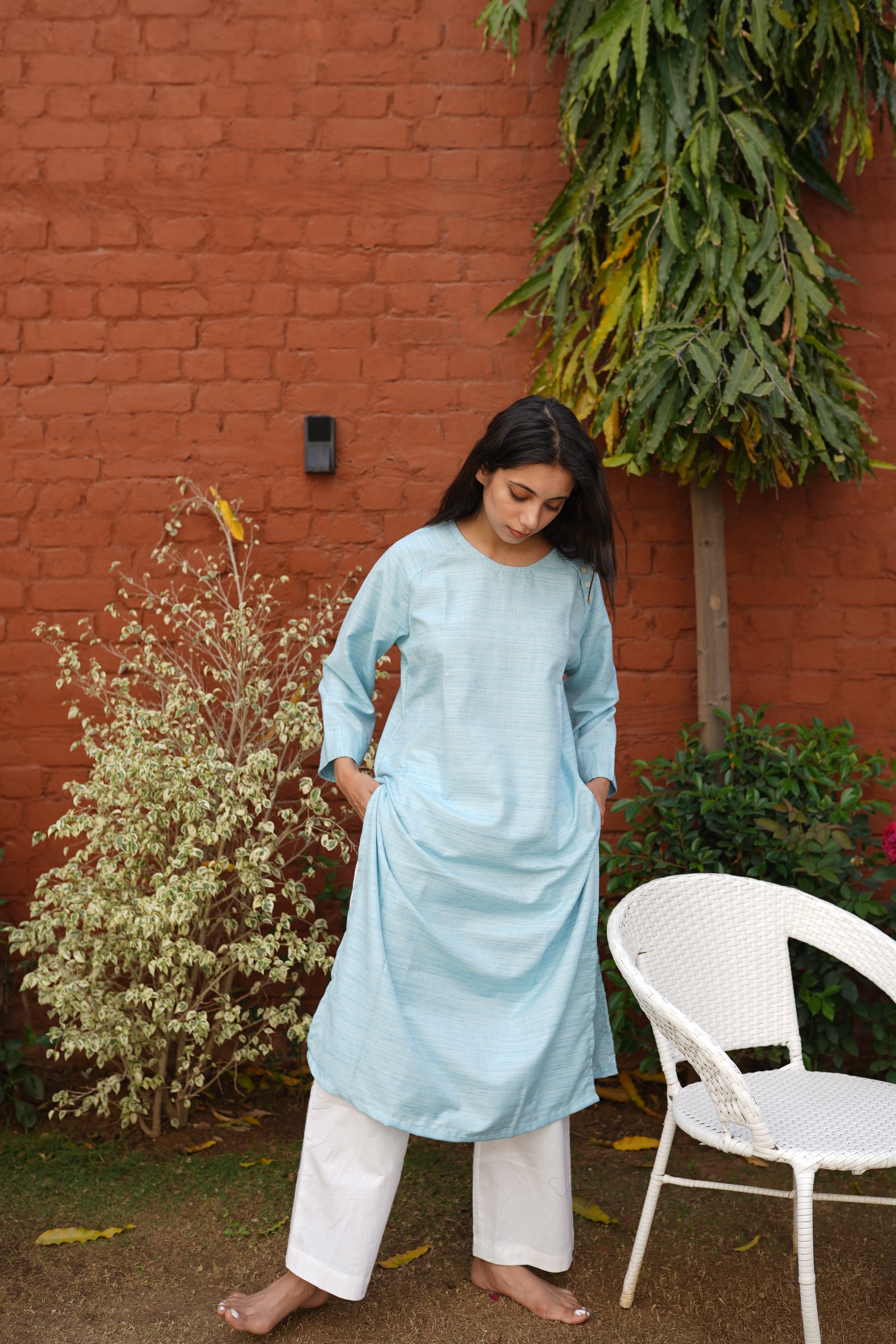 Women's Sky Blue Textured Cotton Blend Long Kurta with Functional Side Pockets