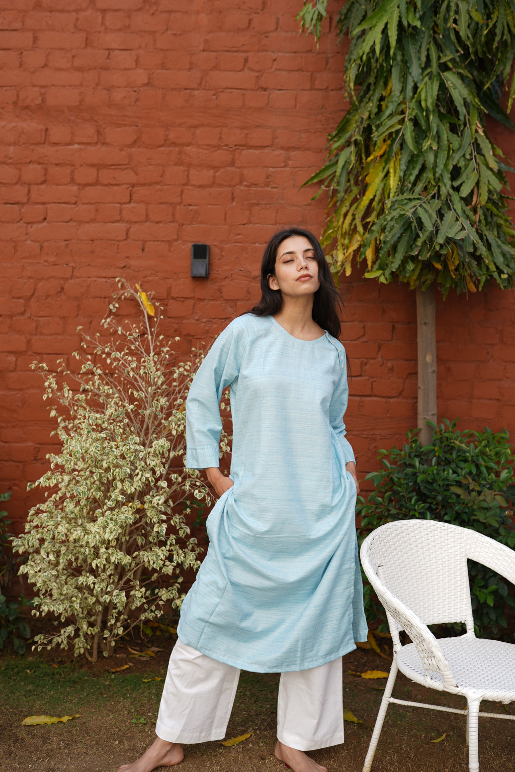 Women's Sky Blue Textured Cotton Blend Long Kurta with Functional Side Pockets