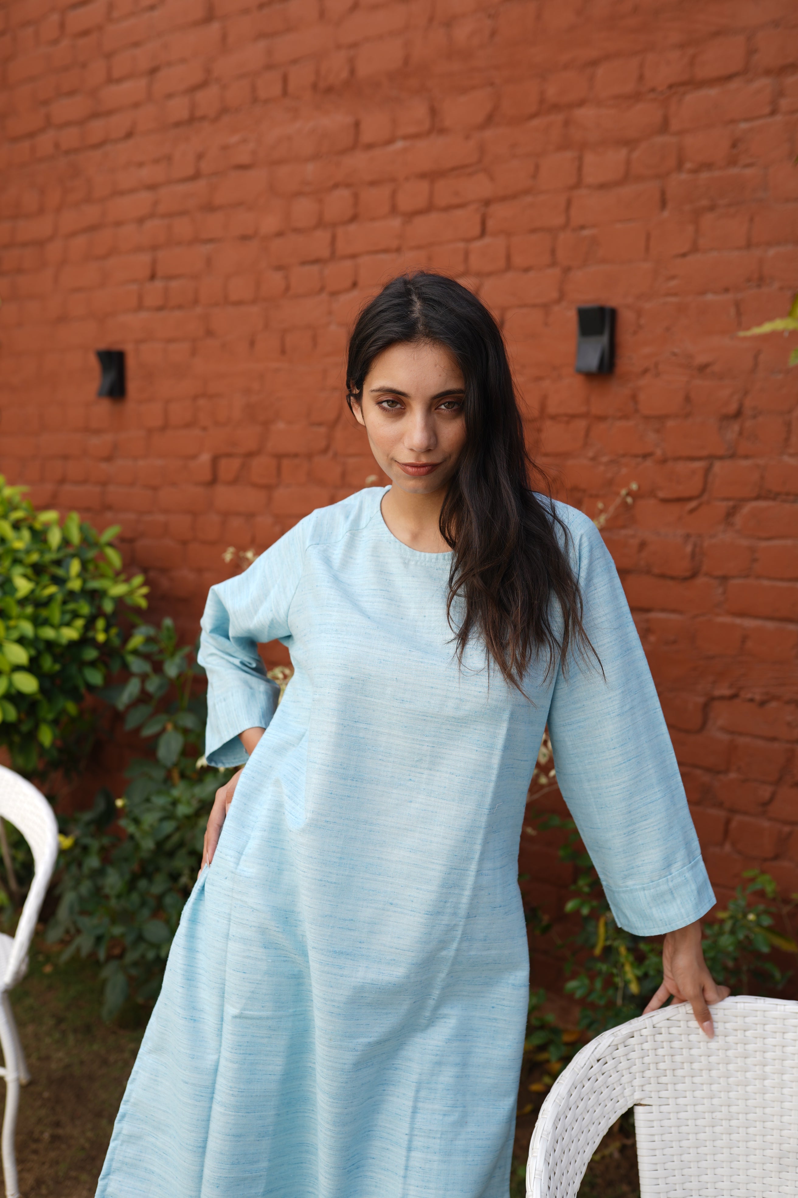 Women's Sky Blue Textured Cotton Blend Long Kurta with Functional Side Pockets