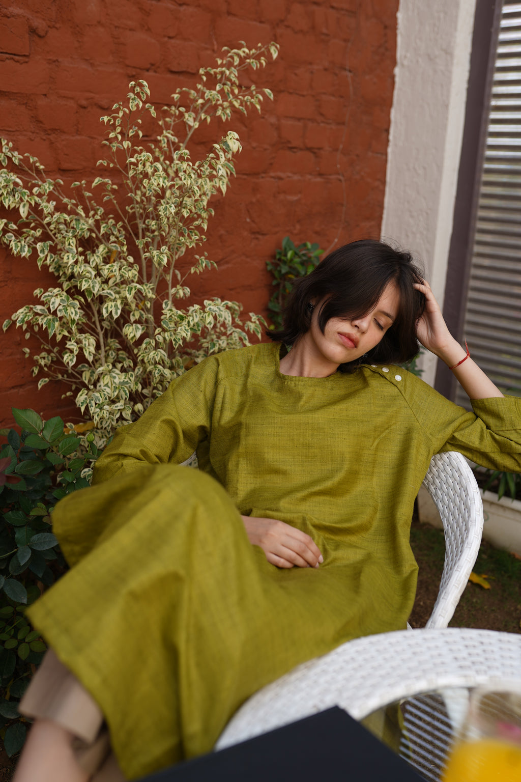 Women's Olive Green Cotton Blend Long Kurta with Side Shoulder Button Detailing