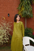 Women's Olive Green Cotton Blend Long Kurta with Side Shoulder Button Detailing