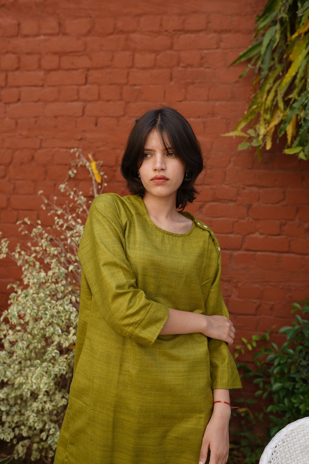 Women's Olive Green Cotton Blend Long Kurta with Side Shoulder Button Detailing