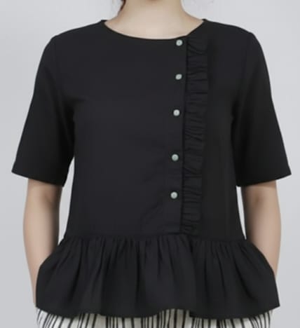 Women Chic Black Peplum Top with Asymmetric Ruffle and Button Detail