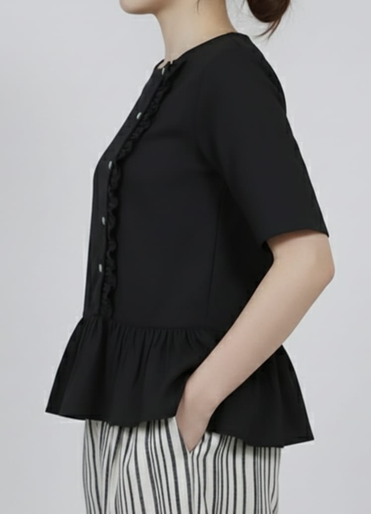 Women Chic Black Peplum Top with Asymmetric Ruffle and Button Detail