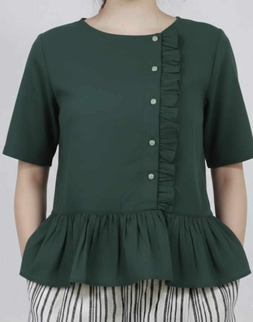 Women Chic Bottle Green Peplum Top with Asymmetric Ruffle and Button Detail