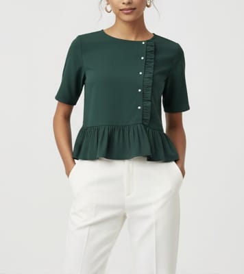 Women Chic Bottle Green Peplum Top with Asymmetric Ruffle and Button Detail