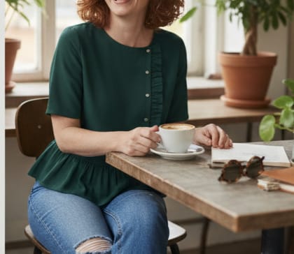 Women Chic Bottle Green Peplum Top with Asymmetric Ruffle and Button Detail