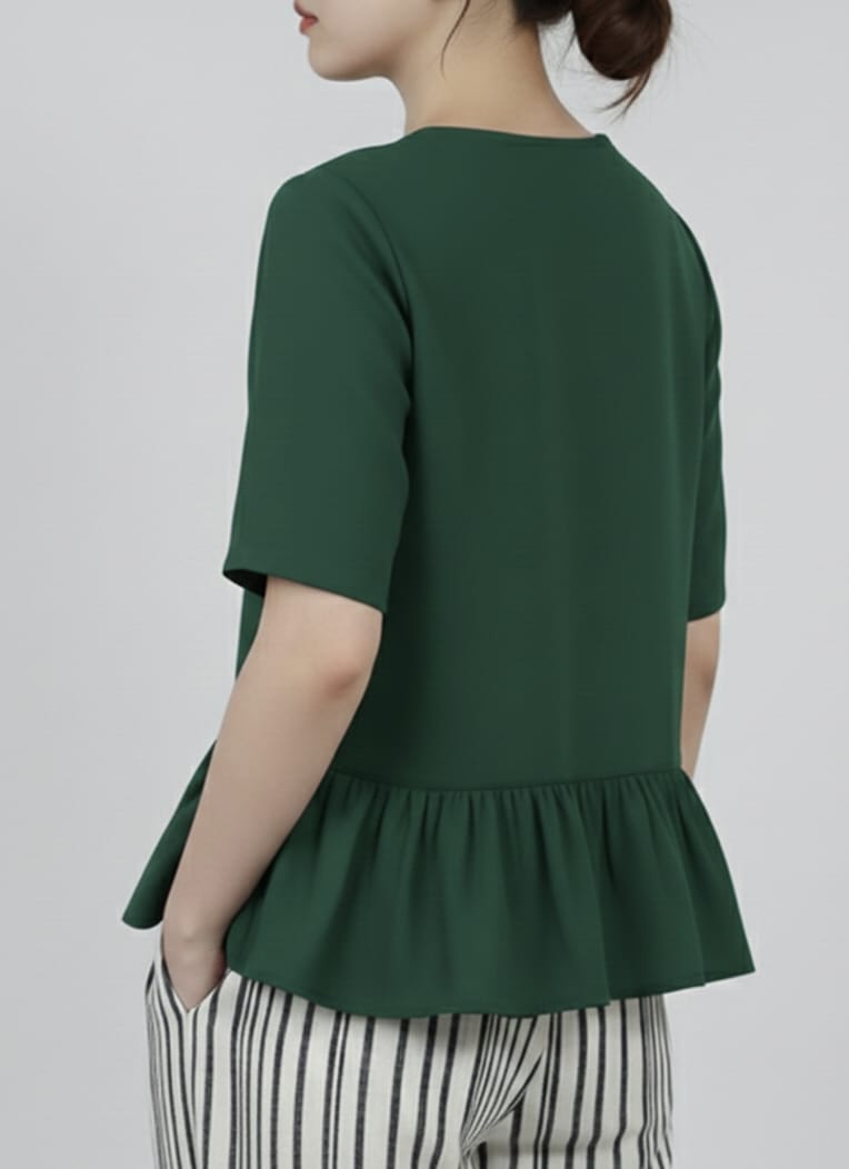 Women Chic Bottle Green Peplum Top with Asymmetric Ruffle and Button Detail
